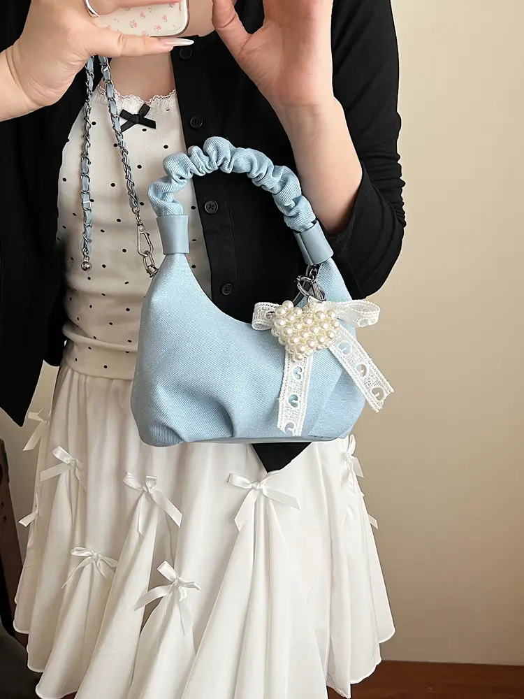 Light Blue Pearl Embroidered Handbag for Women - Image 7