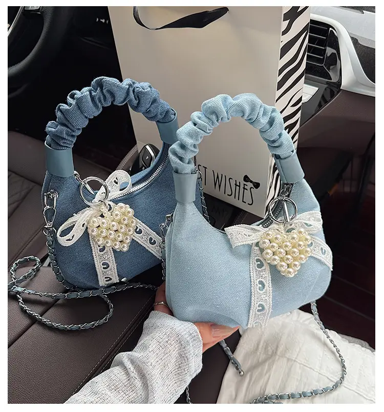 Light Blue Pearl Embroidered Handbag for Women — feature 1