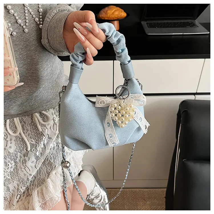 Light Blue Pearl Embroidered Handbag for Women — feature 10