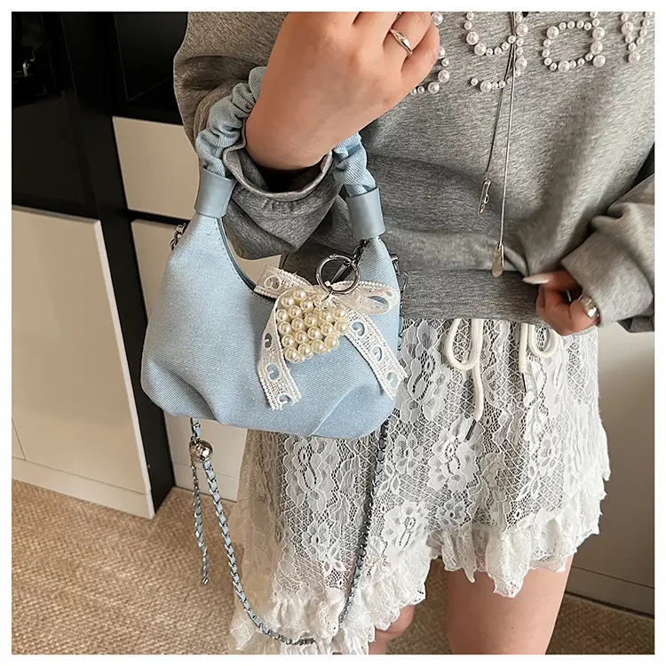 Light Blue Pearl Embroidered Handbag for Women — feature 11