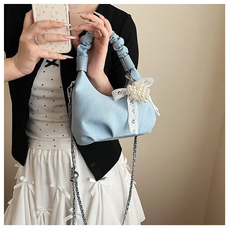 Light Blue Pearl Embroidered Handbag for Women — feature 12