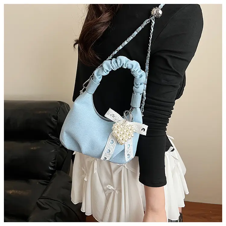 Light Blue Pearl Embroidered Handbag for Women — feature 13