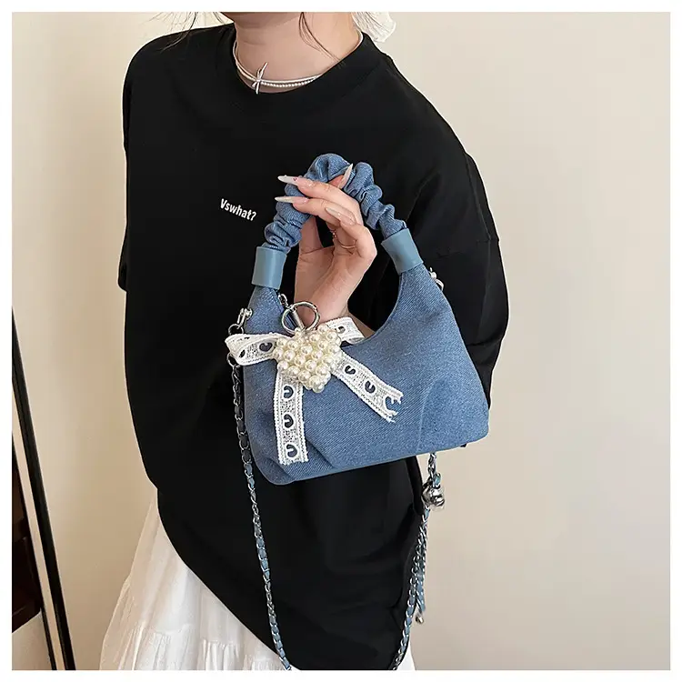Light Blue Pearl Embroidered Handbag for Women — feature 14