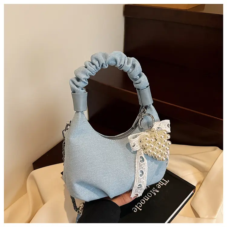 Light Blue Pearl Embroidered Handbag for Women — feature 20