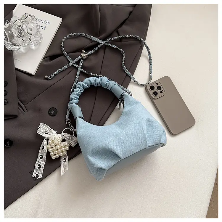 Light Blue Pearl Embroidered Handbag for Women — feature 3