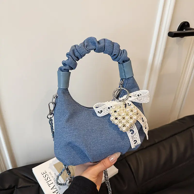 Light Blue Pearl Embroidered Handbag for Women - Image 2