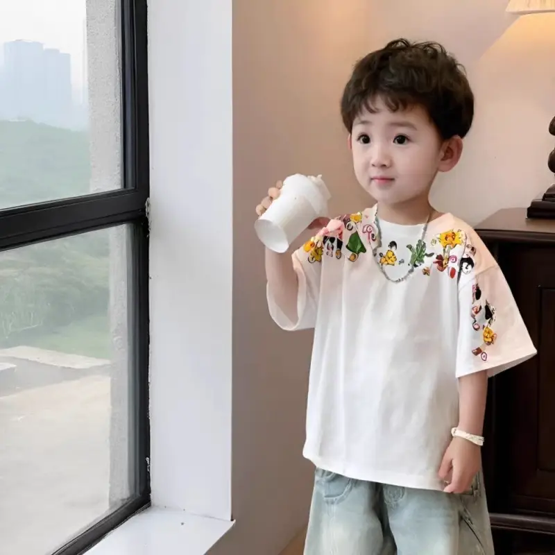 Children's Cotton Floral T-Shirt Short Sleeve Boys Medium