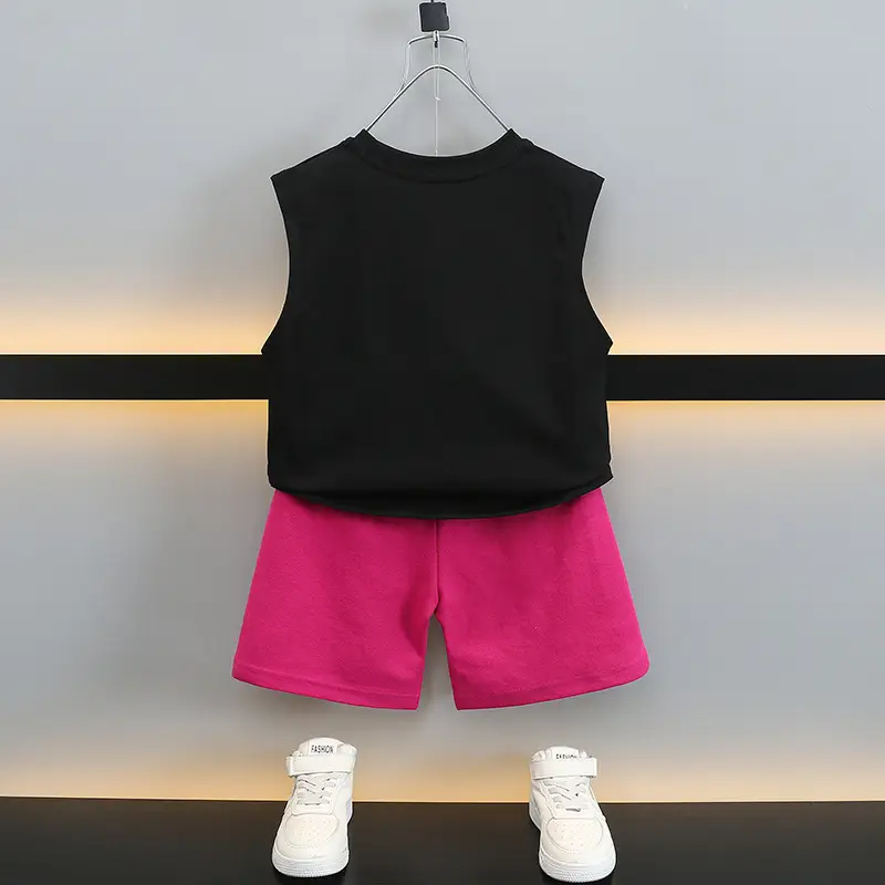 Boys Sleeveless Vest & Shorts Set Pink Black Kids - Image 3