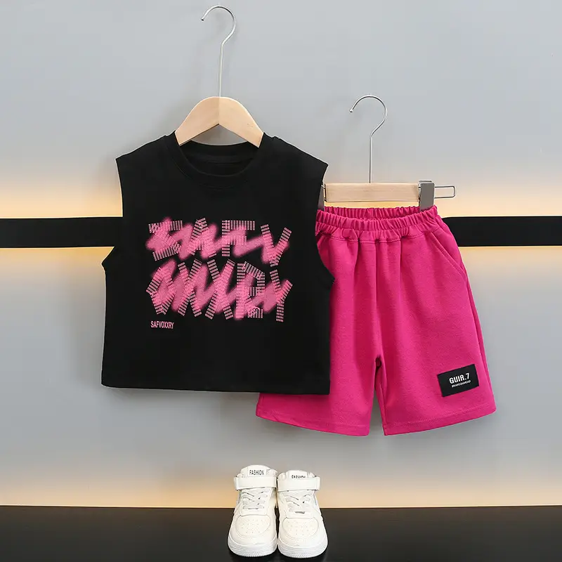 Boys Sleeveless Vest & Shorts Set Pink Black Kids - Image 5