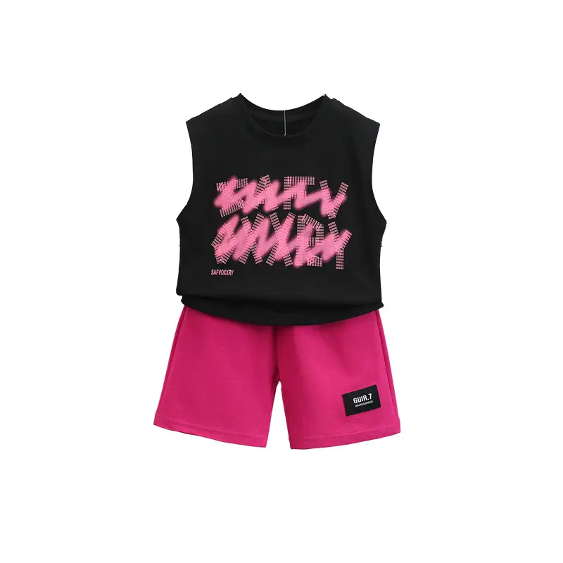 Boys Sleeveless Vest & Shorts Set Pink Black Kids - Image 6