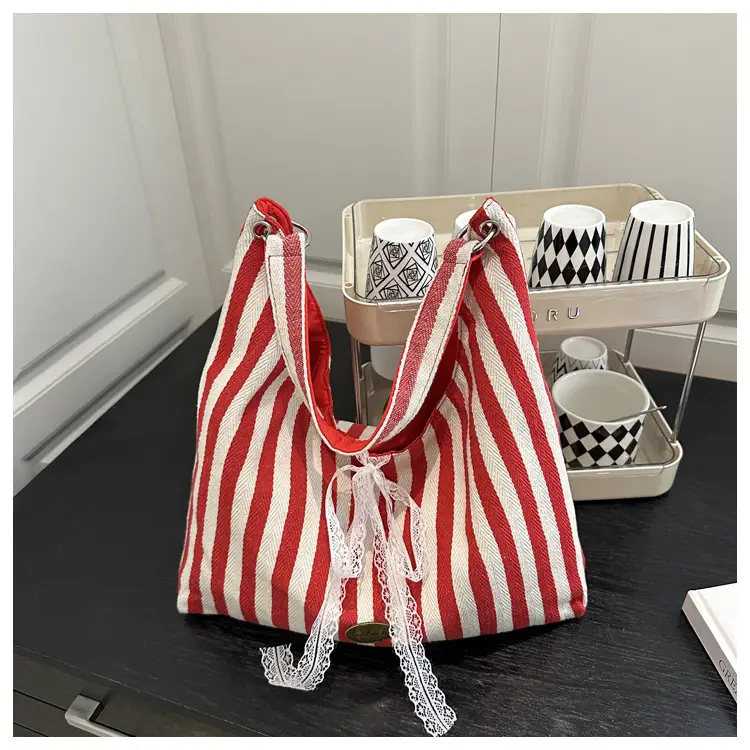 Red Striped Embroidered Women's Shoulder Bag - Image 6