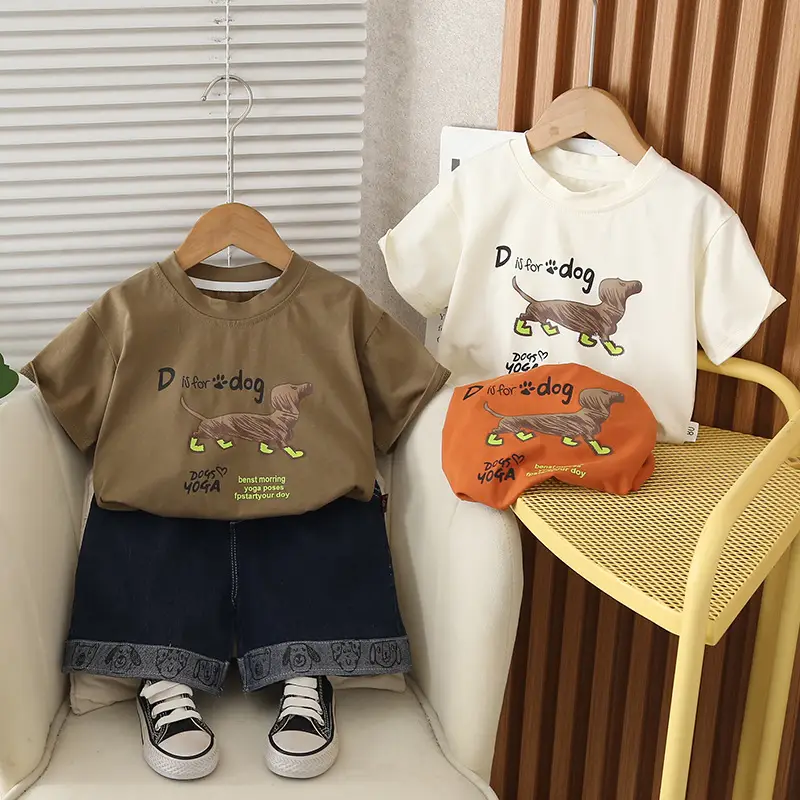 Kids Dog Print Orange T-Shirt Set for Boys