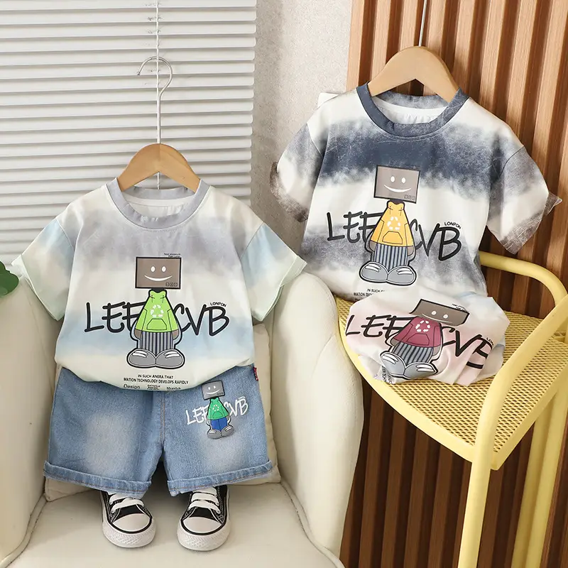Kids Summer T-Shirt Set Smudged Design Denim Shorts