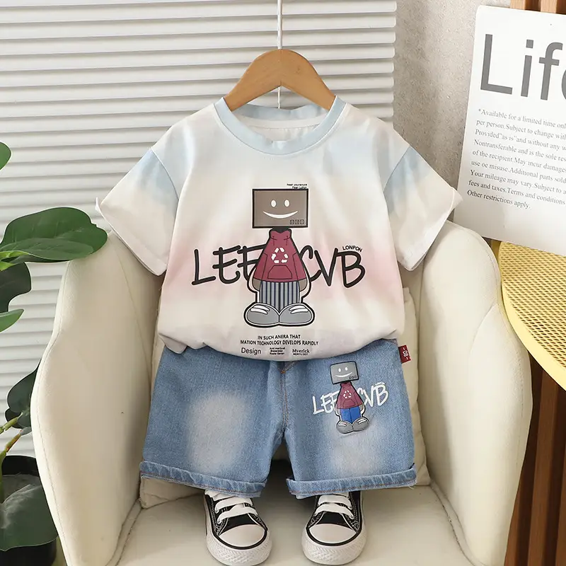 Kids Summer T-Shirt Set Smudged Design Denim Shorts