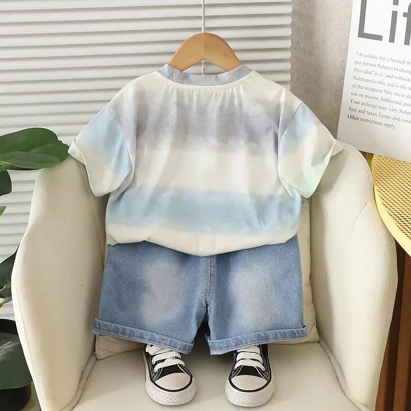 Kids Summer T-Shirt Set Smudged Design Denim Shorts