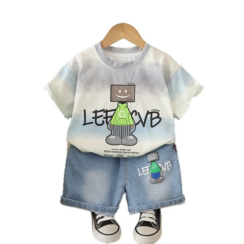 Kids Summer T-Shirt Set Smudged Design Denim Shorts