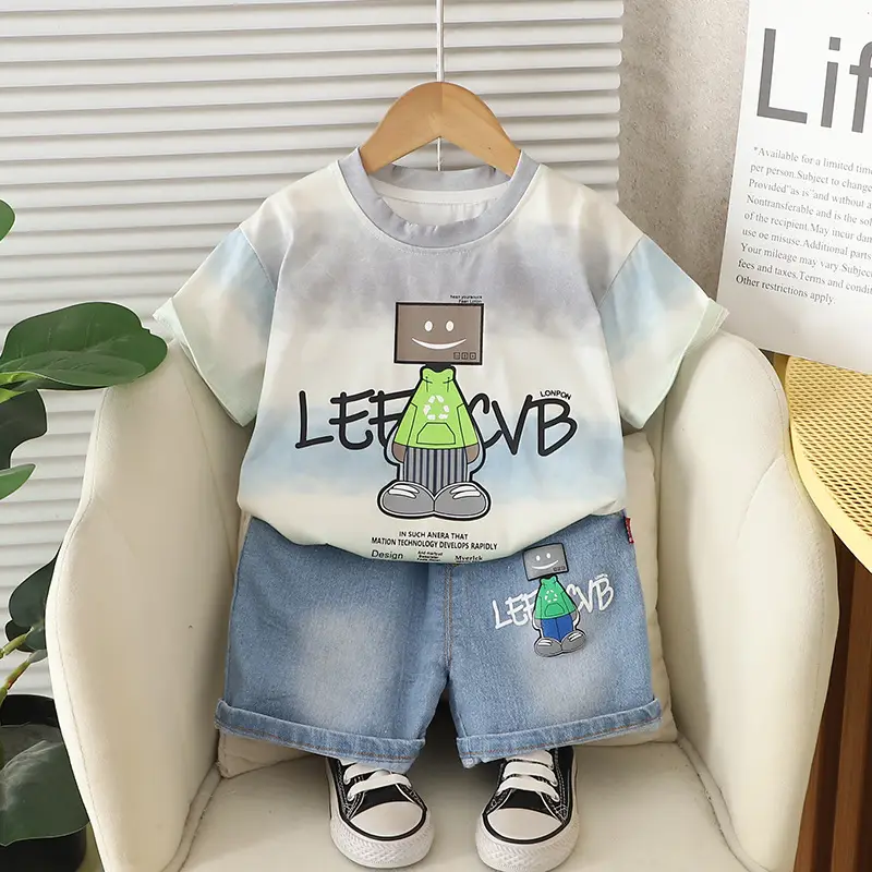 Kids Summer T-Shirt Set Smudged Design Denim Shorts