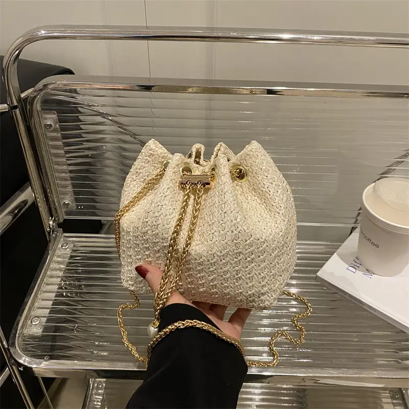 Women Drawstring Straw Chain Bag Gold 2025 - Image 5