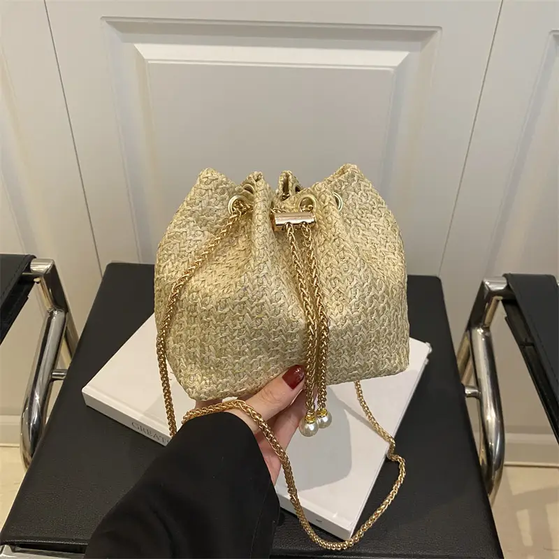 Women Drawstring Straw Chain Bag Gold 2025 - Image 6