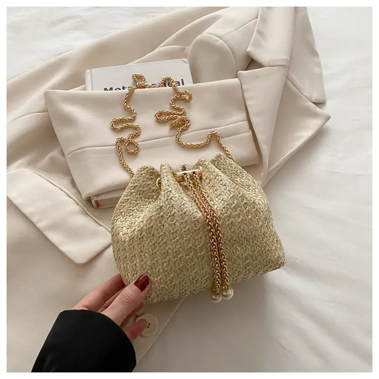Women Drawstring Straw Chain Bag Gold 2025 - Image 2