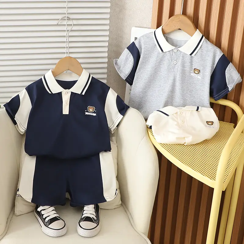 Kids Bear Head Printed T-Shirt Navy White Shorts Set