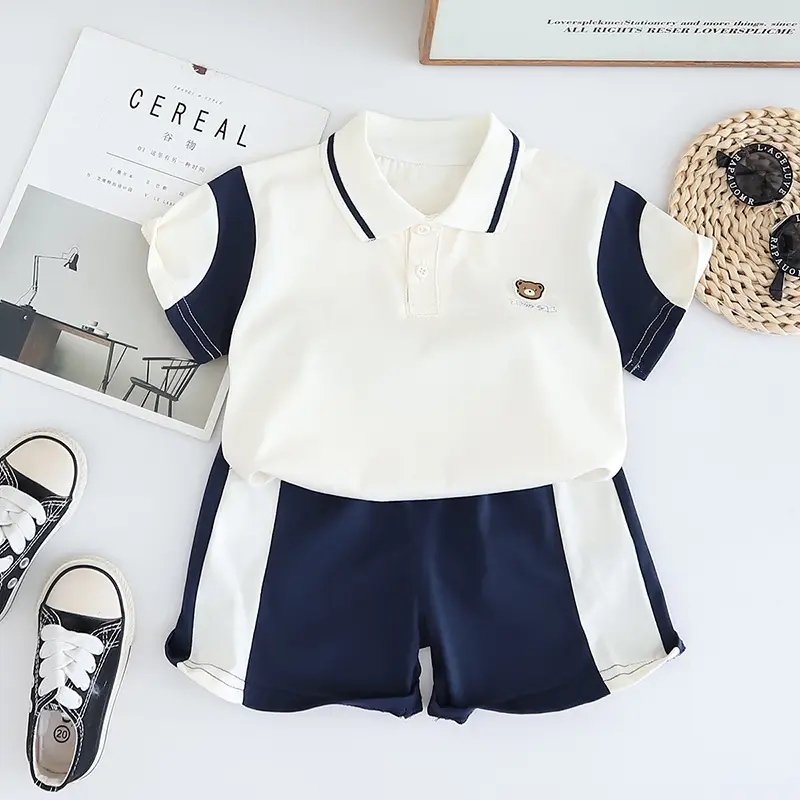 Kids Bear Head Printed T-Shirt Navy White Shorts Set — feature 2