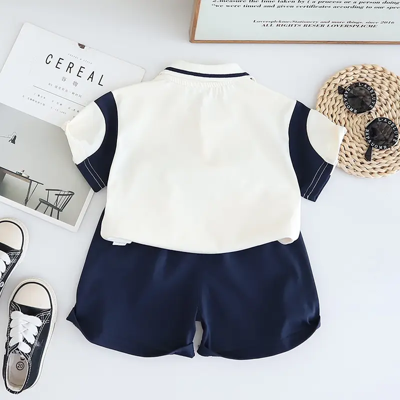 Kids Bear Head Printed T-Shirt Navy White Shorts Set — feature 3