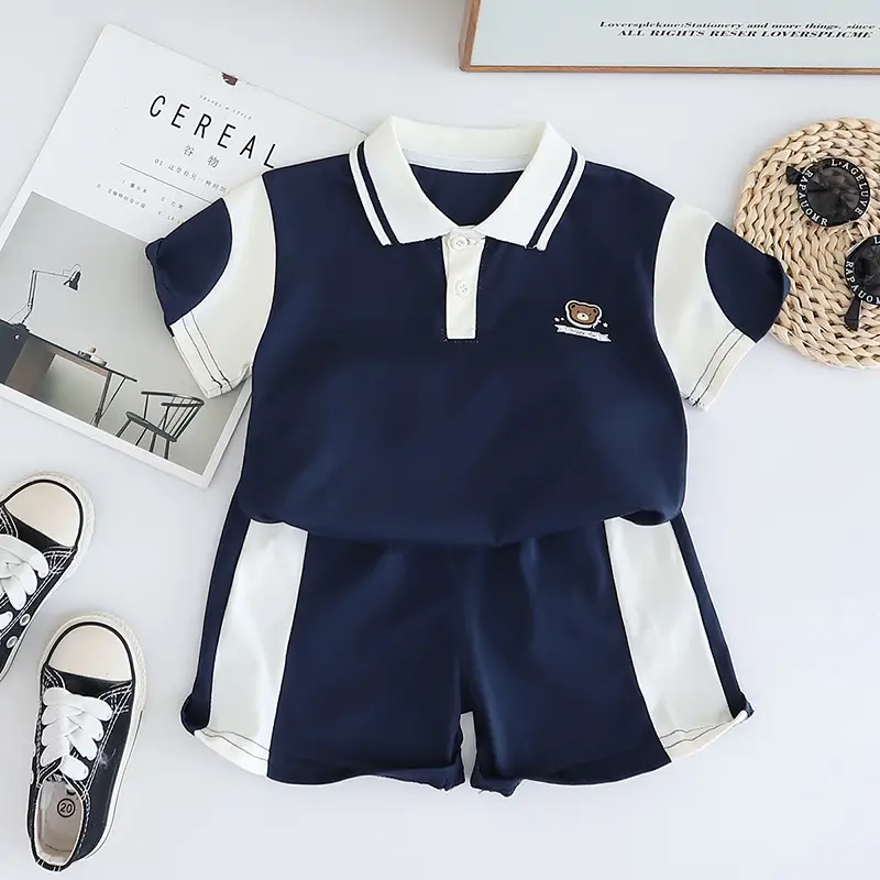 Kids Bear Head Printed T-Shirt Navy White Shorts Set — feature 4