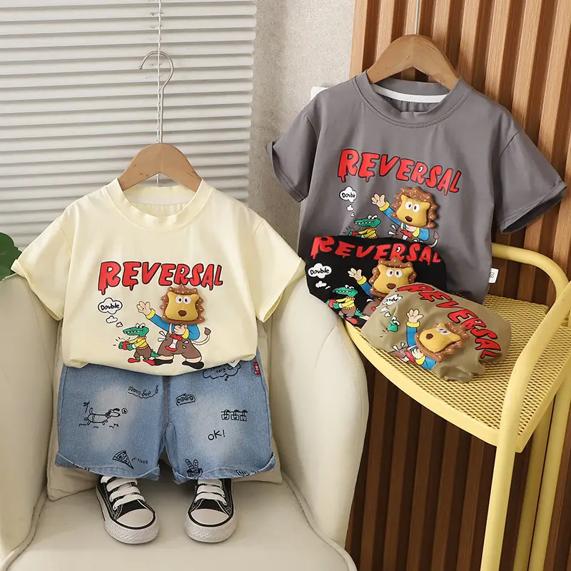 Kids Reversal Print T-Shirt Shorts Set Brown Denim - Image 5