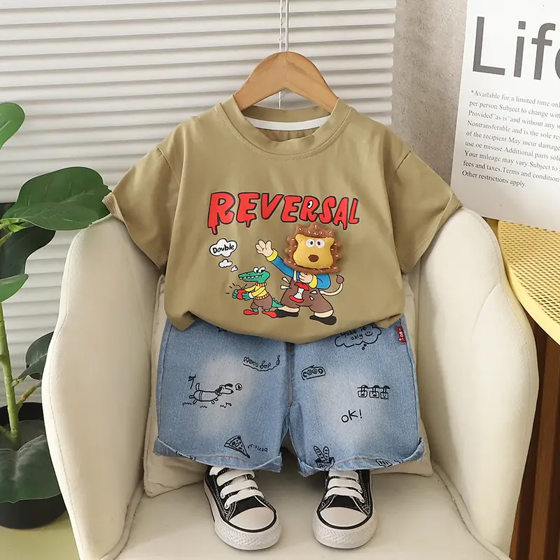 Kids Reversal Print T-Shirt Shorts Set Brown Denim - Image 4