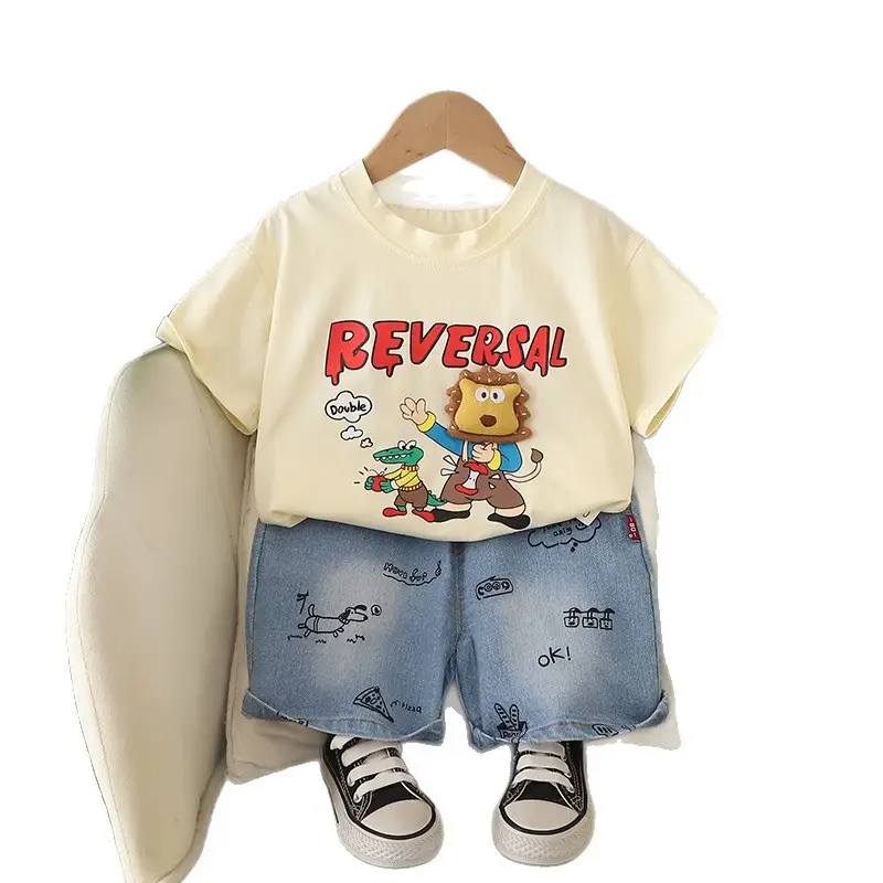 Kids Reversal Print T-Shirt Shorts Set Brown Denim - Image 6