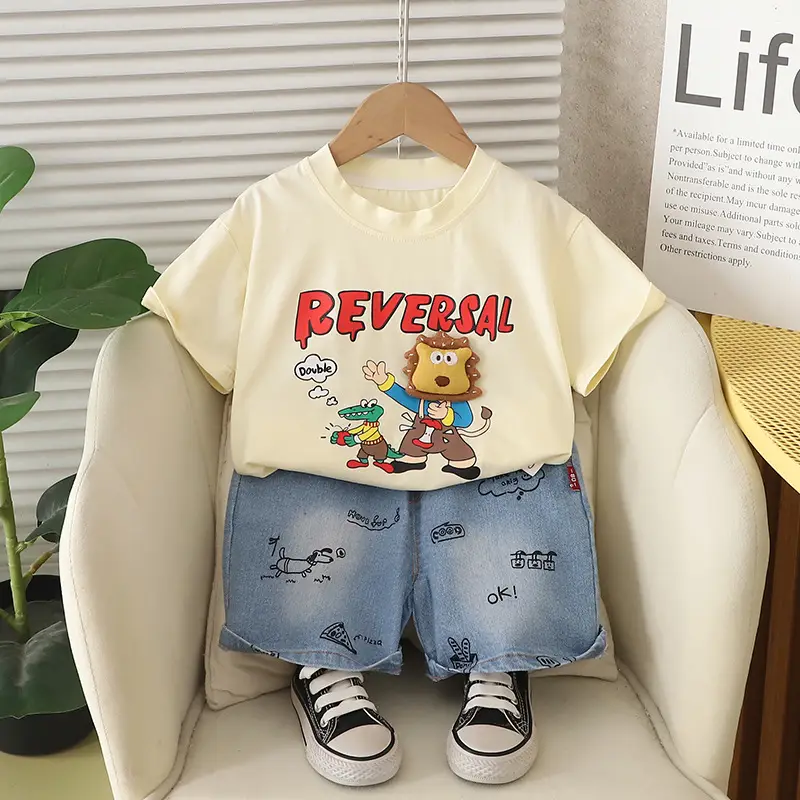 Kids Reversal Print T-Shirt Shorts Set Brown Denim - Image 2