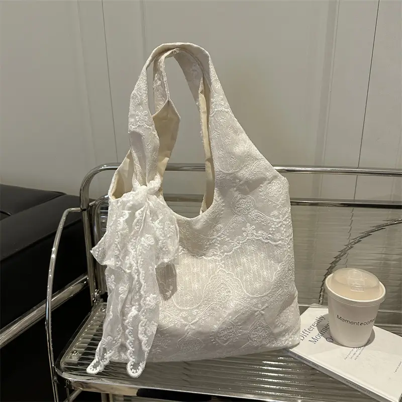 White Lace Shoulder Bag for Women School Shopping Tote - Image 4