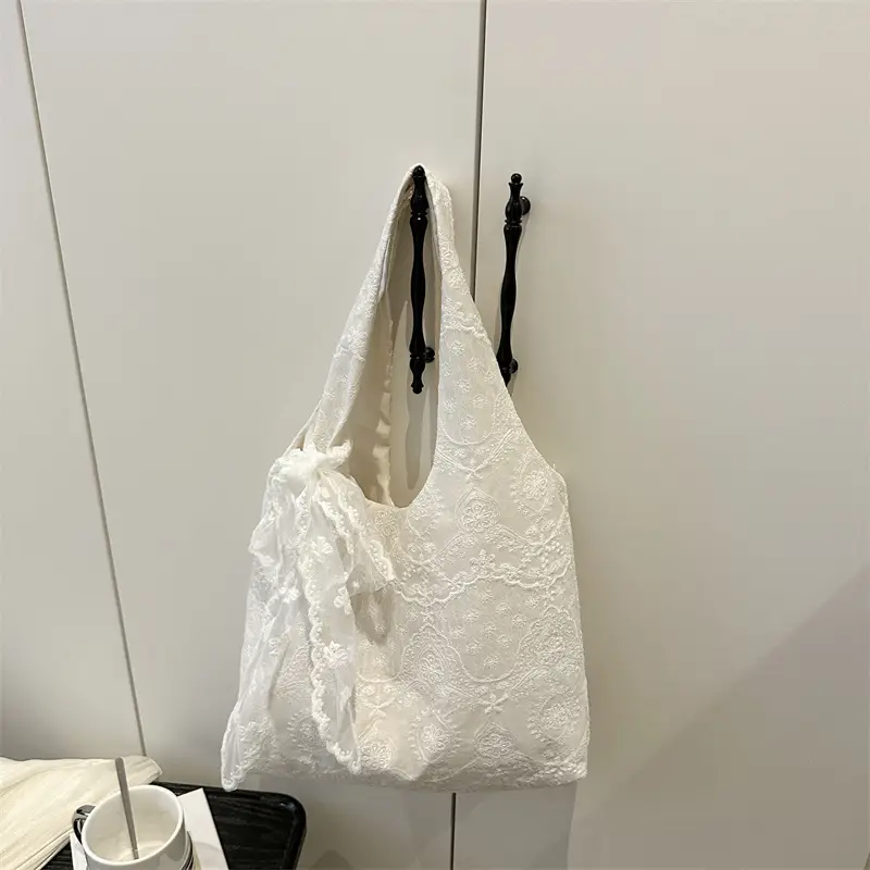 White Lace Shoulder Bag for Women School Shopping Tote - Image 5