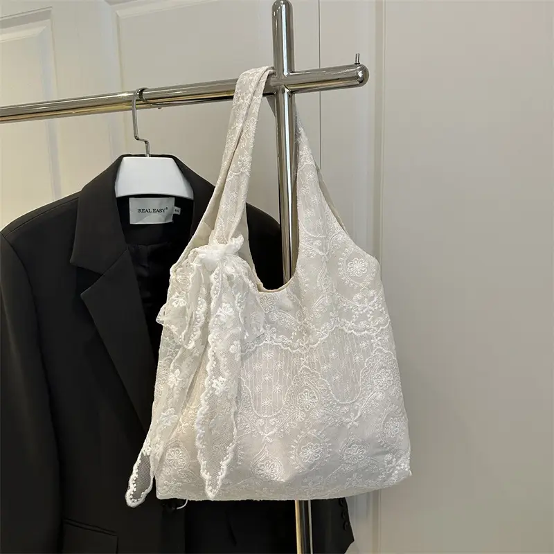 White Lace Shoulder Bag for Women School Shopping Tote - Image 6