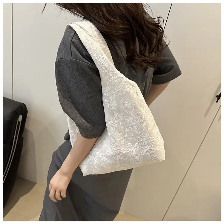White Lace Shoulder Bag for Women School Shopping Tote — feature 14
