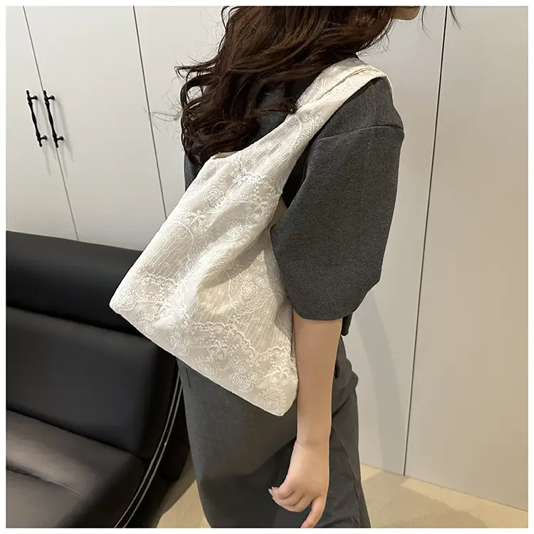 White Lace Shoulder Bag for Women School Shopping Tote — feature 16