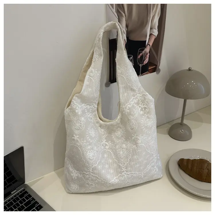 White Lace Shoulder Bag for Women School Shopping Tote — feature 18