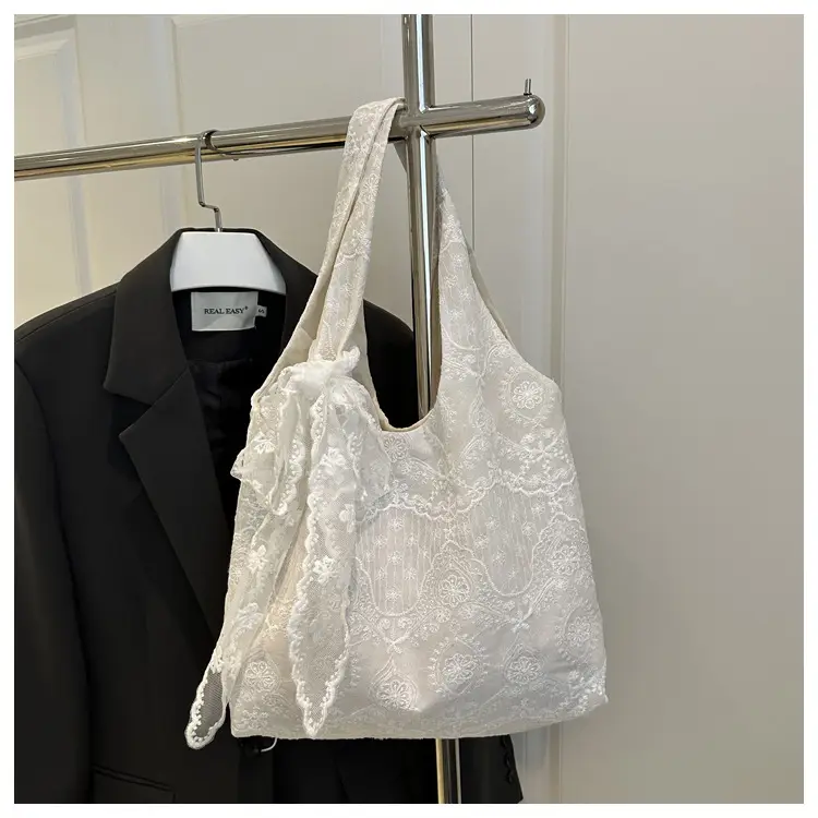 White Lace Shoulder Bag for Women School Shopping Tote — feature 20