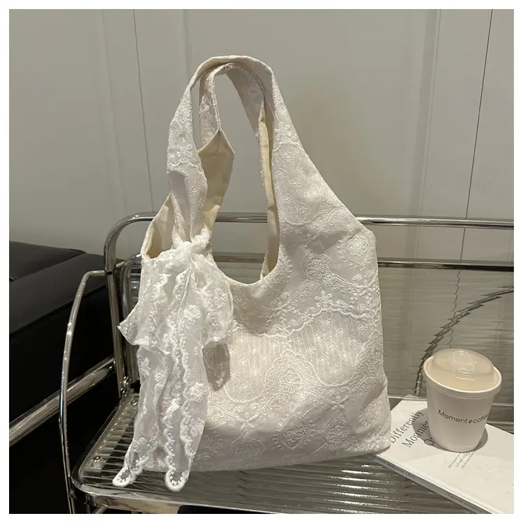 White Lace Shoulder Bag for Women School Shopping Tote — feature 22