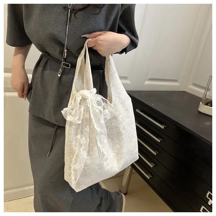 White Lace Shoulder Bag for Women School Shopping Tote — feature 8