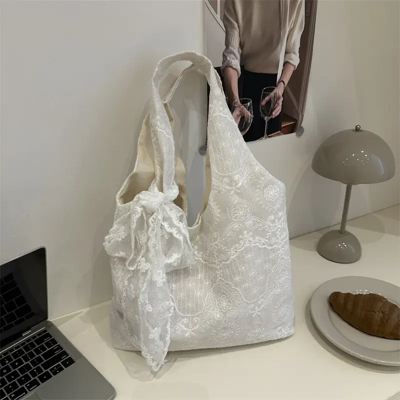 White Lace Shoulder Bag for Women School Shopping Tote - Image 2
