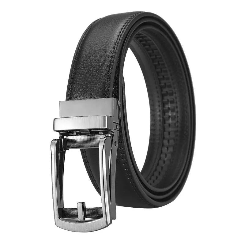 Men Fake Pin Buckle Belt Automatic Two-Layer Cowhide Black - Image 10