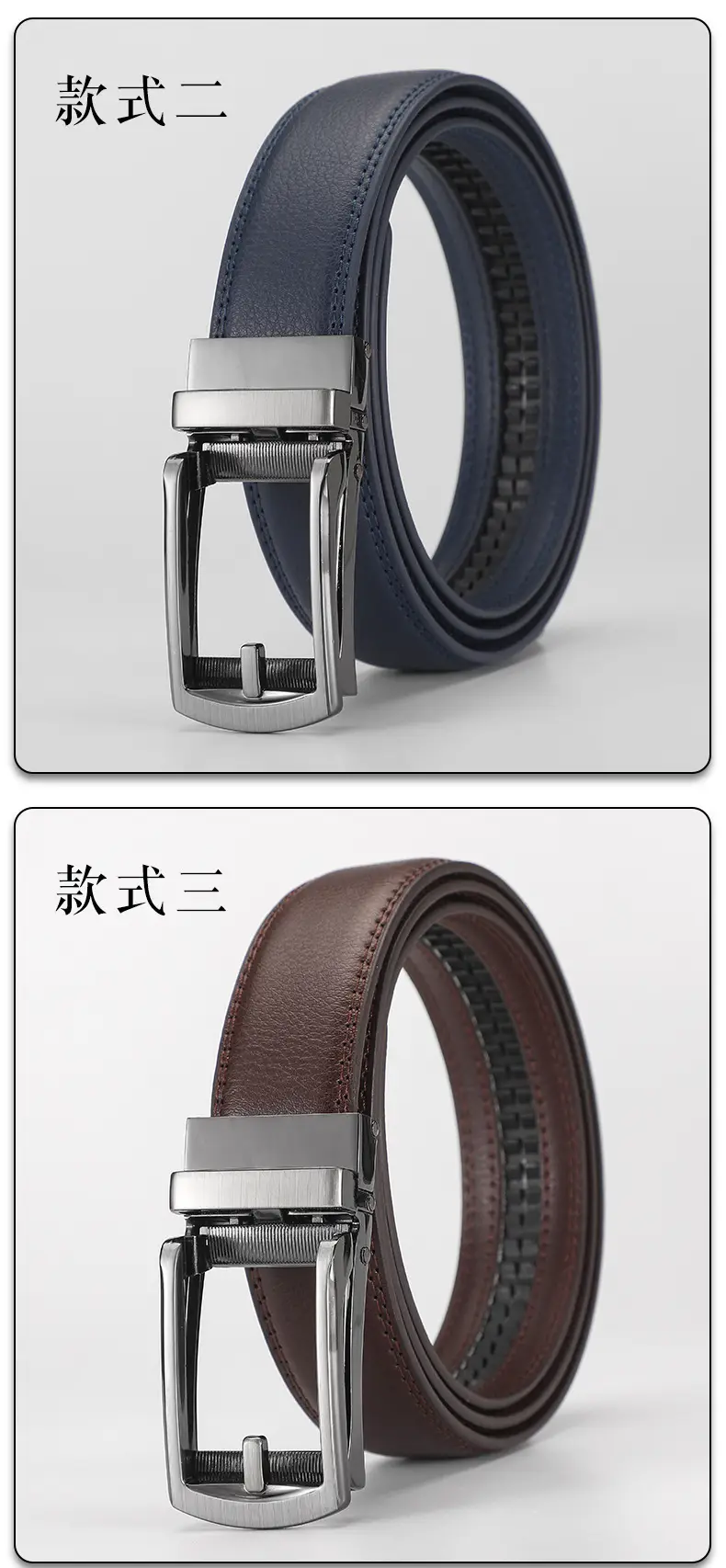 Men Fake Pin Buckle Belt Automatic Two-Layer Cowhide Black — feature 11