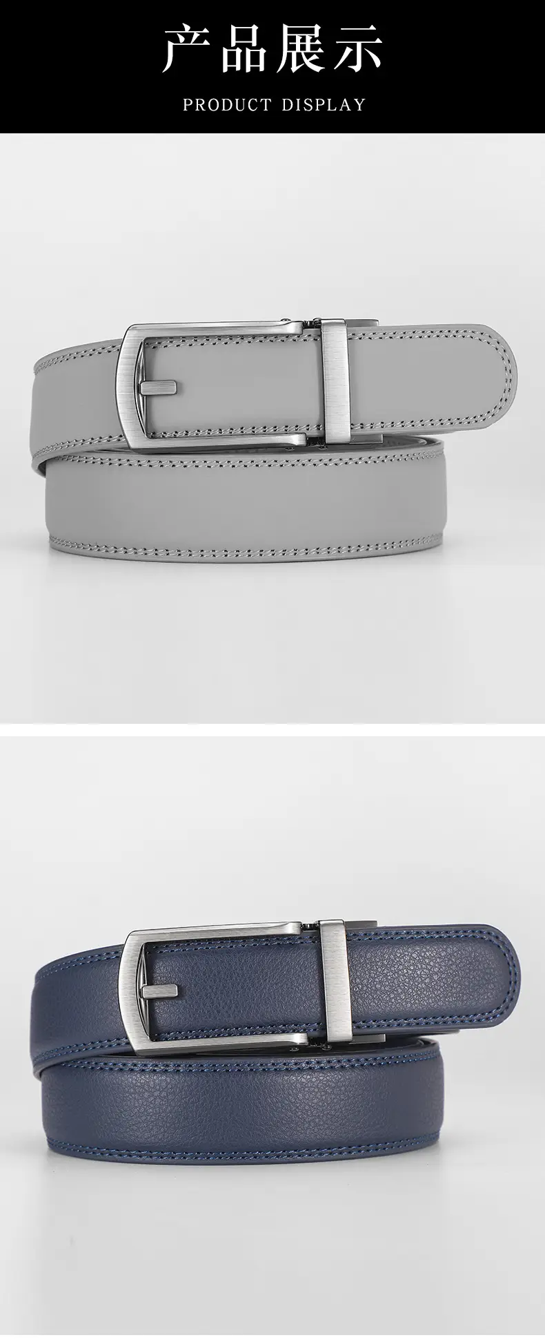 Men Fake Pin Buckle Belt Automatic Two-Layer Cowhide Black — feature 13