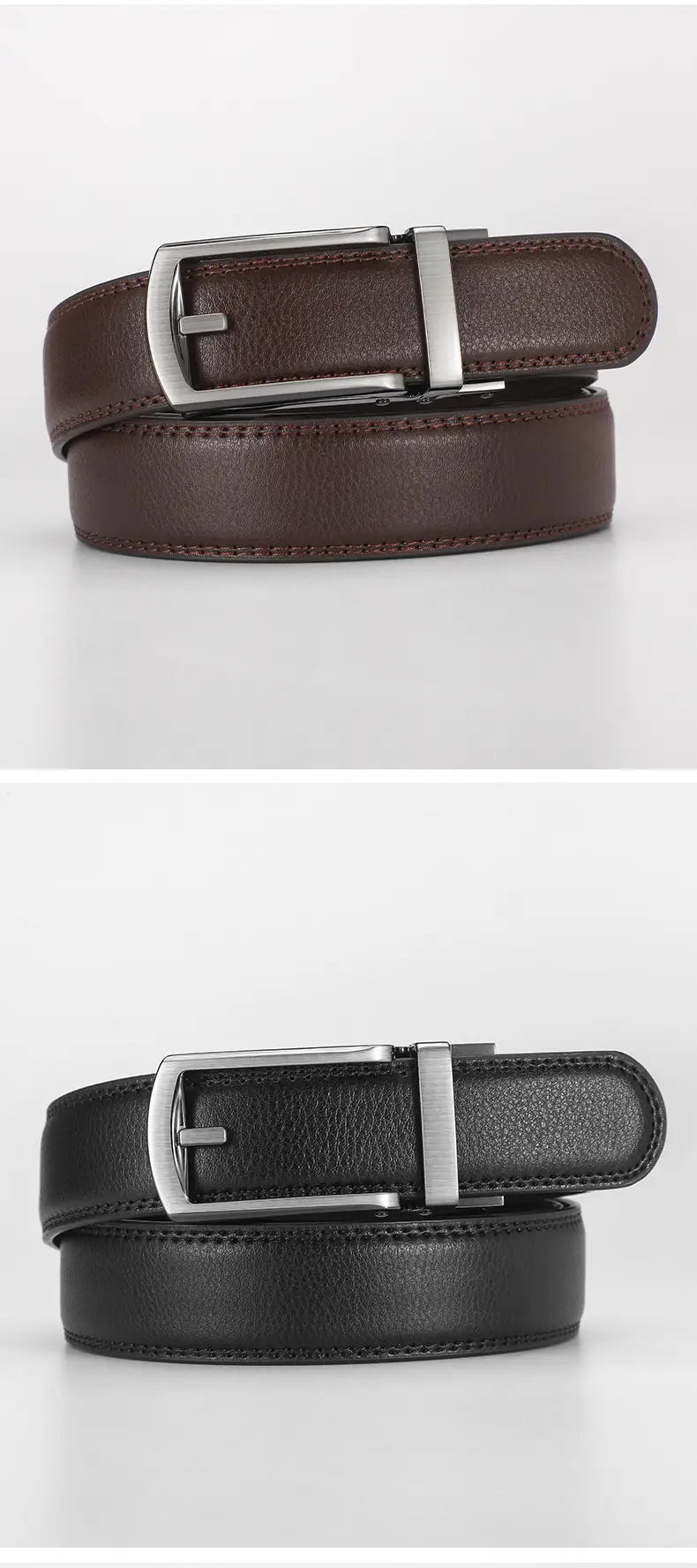 Men Fake Pin Buckle Belt Automatic Two-Layer Cowhide Black — feature 14