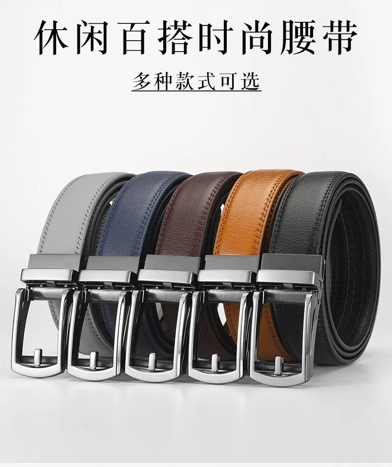 Men Fake Pin Buckle Belt Automatic Two-Layer Cowhide Black — feature 3