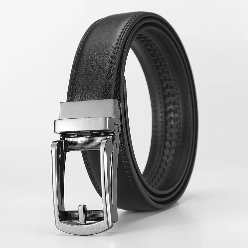 Men Fake Pin Buckle Belt Automatic Two-Layer Cowhide Black - Image 3