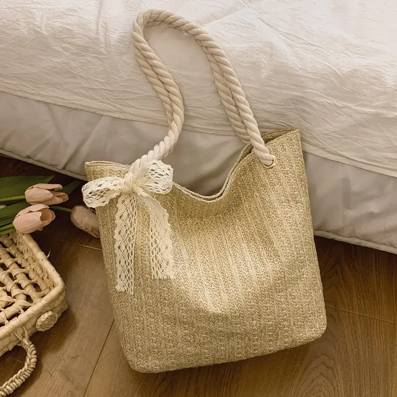 Women Straw Bow Bag 2025 Summer Lace Handle - Image 3