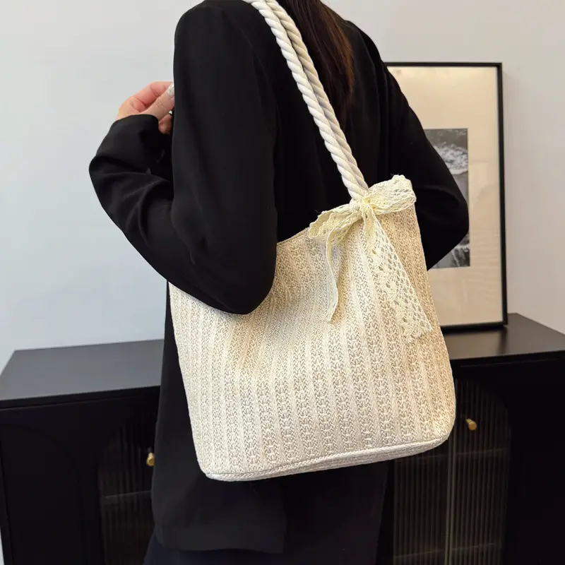 Women Straw Bow Bag 2025 Summer Lace Handle - Image 4